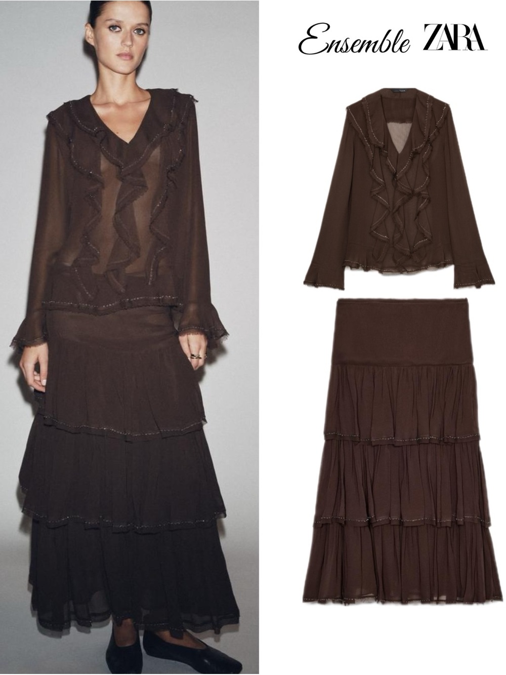 Zara Two-Piece Ruffled Skirt & Top Set – Brown – XS/S